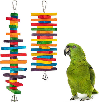 MEWTOGO 2 Pcs Bird Toys - Parrot Toys with Multicolored Natural Wooden Blocks, Chewing Sticks for Conures, Parakeets, Cockatiels, Lovebirds, African Grey, Macaws, Amazon Parrots - Bird Gift