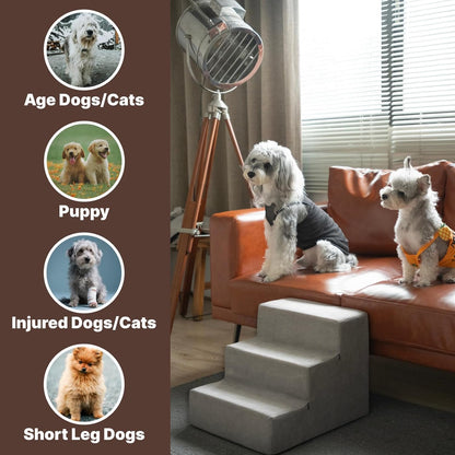 MEWANG Dog Stairs for Small & Medium Dogs and Old Cats –3/4/ 5 Steps High-Density Foam Pet Ramp for Bed & Couch, Non-Slip, Washable Cover, Grey (Square Corner, 3 Steps: 17.95''×14.96''×13.70'', 2)