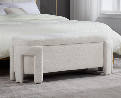 Kmax 50" Storage Ottoman Bench Modern Faux Fur Boucle Entryway Bench Comfy Upholstered End of Bed Bench for Hallway Entrance Bedroom Corner, White