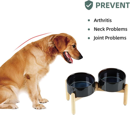 Ceramic 7.3inch Raised Double Bowls Set with Wooden Stand, Food & Water Bowls for Medium Breed Dogs, Weighted Dog Dishes, Pet Feeder(Starry Sky)