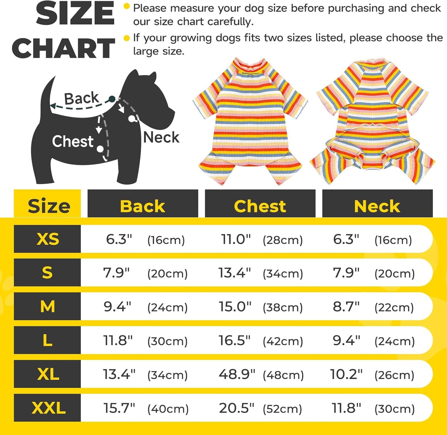 BAEJMJK Striped Dog Pajamas Stretchy Cute Four-Legged Boy Girl Dog Clothes with Sleeves Comfortable Dogs Jumpsuit Colorful Pet Puppy Outfits Apparel for Small Medium Dogs Cats(Yellow,XX-Large)
