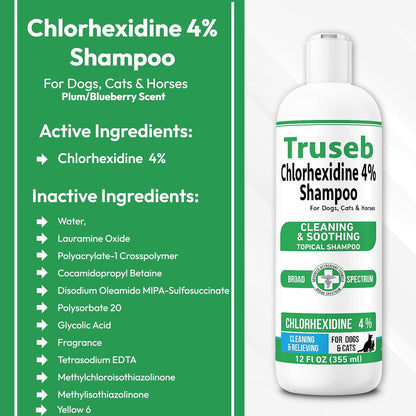 Truseb Topical Chlorhexidine 4% Shampoo for Dogs, Cats, and Horses with Plum/Blueberry Scent - 12 oz - Made in U.S.A (Chlorhexidine 4% Shampoo, 12 oz)