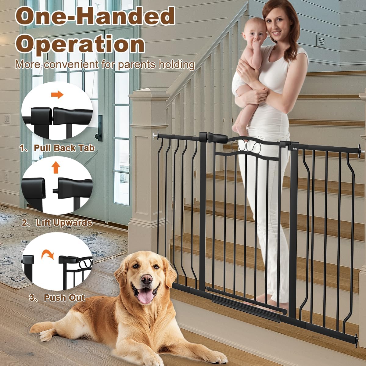 53.1-62.2" Extra Wide Baby Gate for Stairs No Drilling, 30" Tall Auto Close Press Mounted Baby Gate for Doorways, Adjustable Width Walk Through Dog Gates for Doorways, Black