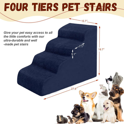 Dog Stairs for Small Dogs - High Density Foam Pet Steps, Extra Wide Dog Ramp with Non-Slip Bottom for High Beds, Couch and Sofa, Best for Dogs Injured, Older Doggy Cats, 4 Steps, Navy