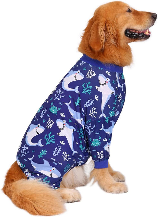 HDE Dog Pajamas One Piece Jammies Jumpsuit Pet Clothes Outfit Stretchy Lightweight Comfy Shirt Pjs for M-3XL Dogs Sharks - L