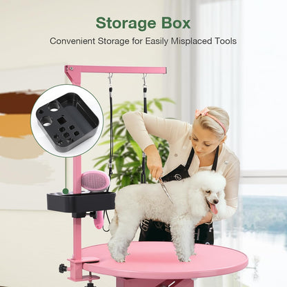 Electric Hydraulic Lift Pet Dog Grooming Table, 24Inch Grooming Desktop for Small Dogs, with Overhead Arm, Wireless Remote, Tool Organizer, Pink