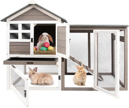 Rabbit Hutch-Indoor Outdoor Rabbit Hutch with Pull Out Tray Large Rabbit Hutch FirWood Bunny Hutch Indoor Guinea Pig Cages Waterproof Asphalt Roof, GREYWHITE, RAB HUTCH#17 (RAB17)