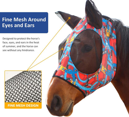 Harrison Howard Super Comfort Stretchy Fitting Horse Fly Mask with UV Protection Soft on Skin with Breathability Knitted Printing Medium