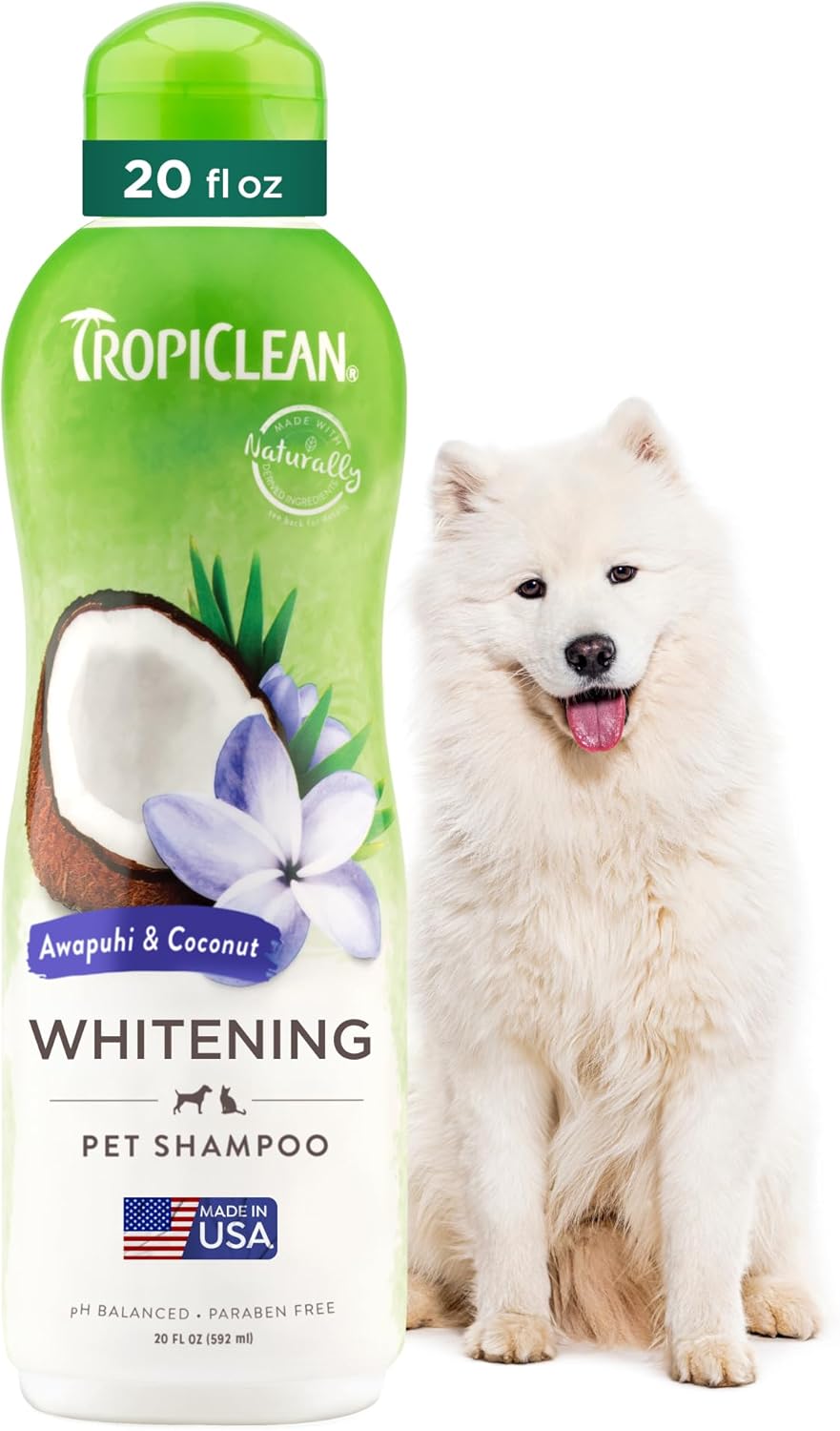 TropiClean Whitening Dog Shampoo, Whitening & Brightening, For All Coat & Color Types, Puppy Safe, Made in the USA, Cat Friendly, 20oz.