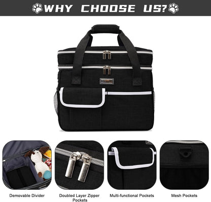 BAGLHER Dog Travel Bag for Supplies - Double-Layer Airline Approved Weekend Pet Travel Organizer Set for Dog and Cat Tote with 2 Pet Food Containers and 2 Collapsible Silicone Bowls Black
