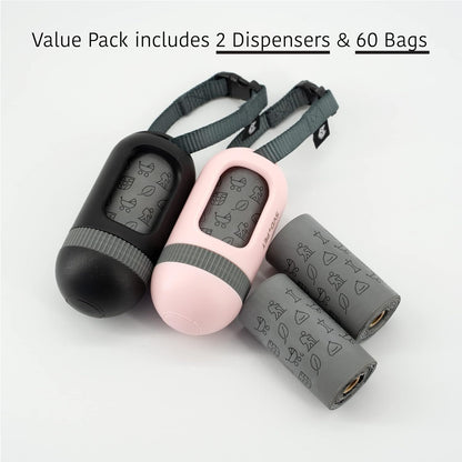 SVD.PET [2-Pack] Retractable Waste Bag Dispensers Gift Set, 2 Pet Waste Bag Holders with 60 large Waste Bags, Dog Walking Accessory Gift Value Pack (Black & Primrose Pink)