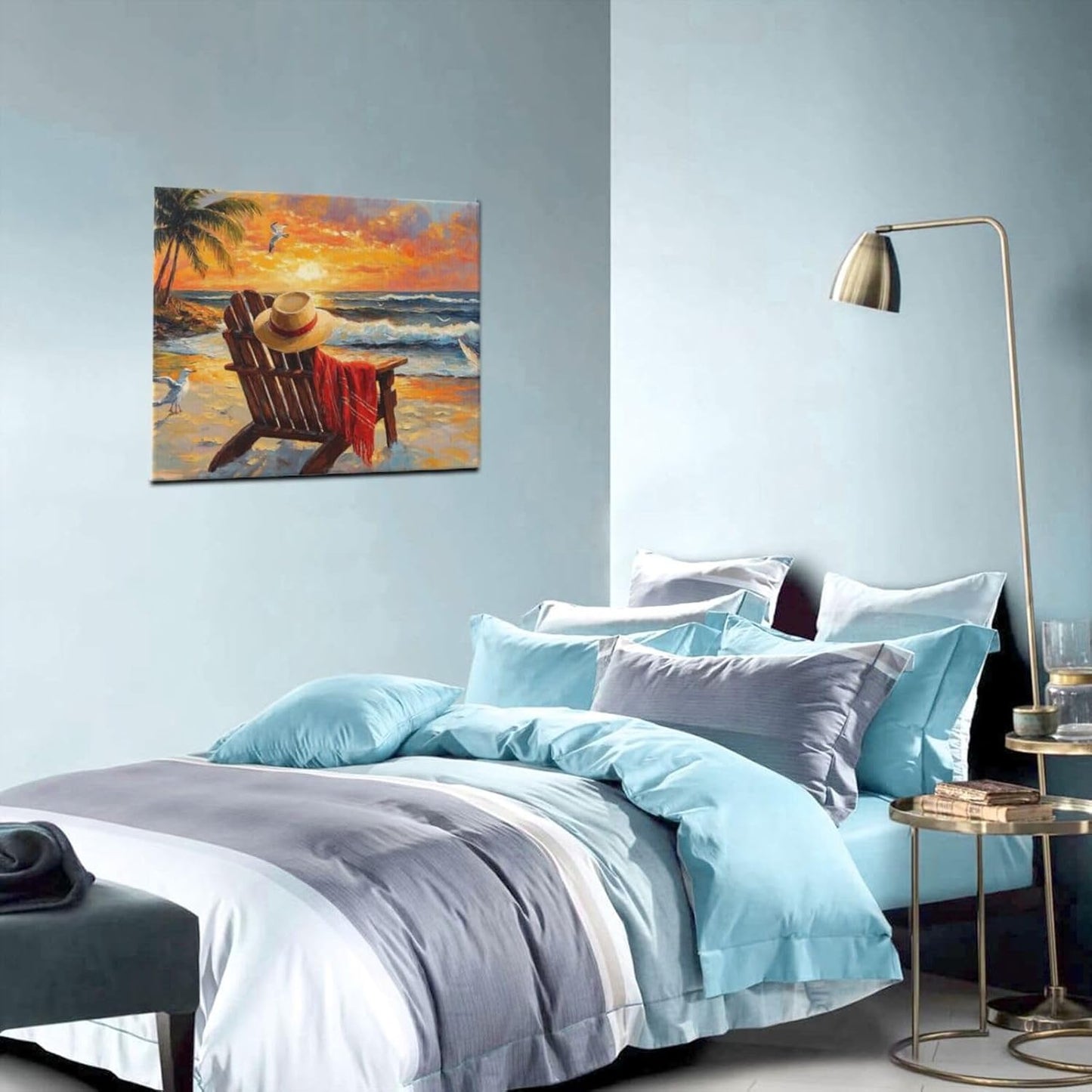 Beach Coastal Bathroom Pictures Wall Art, Seaside Ocean Bathroom Wall Decor, Sunrise Palm Framed Painting Canvas Artwork for Bedroom Living Room Decorations 24"L x 20"W