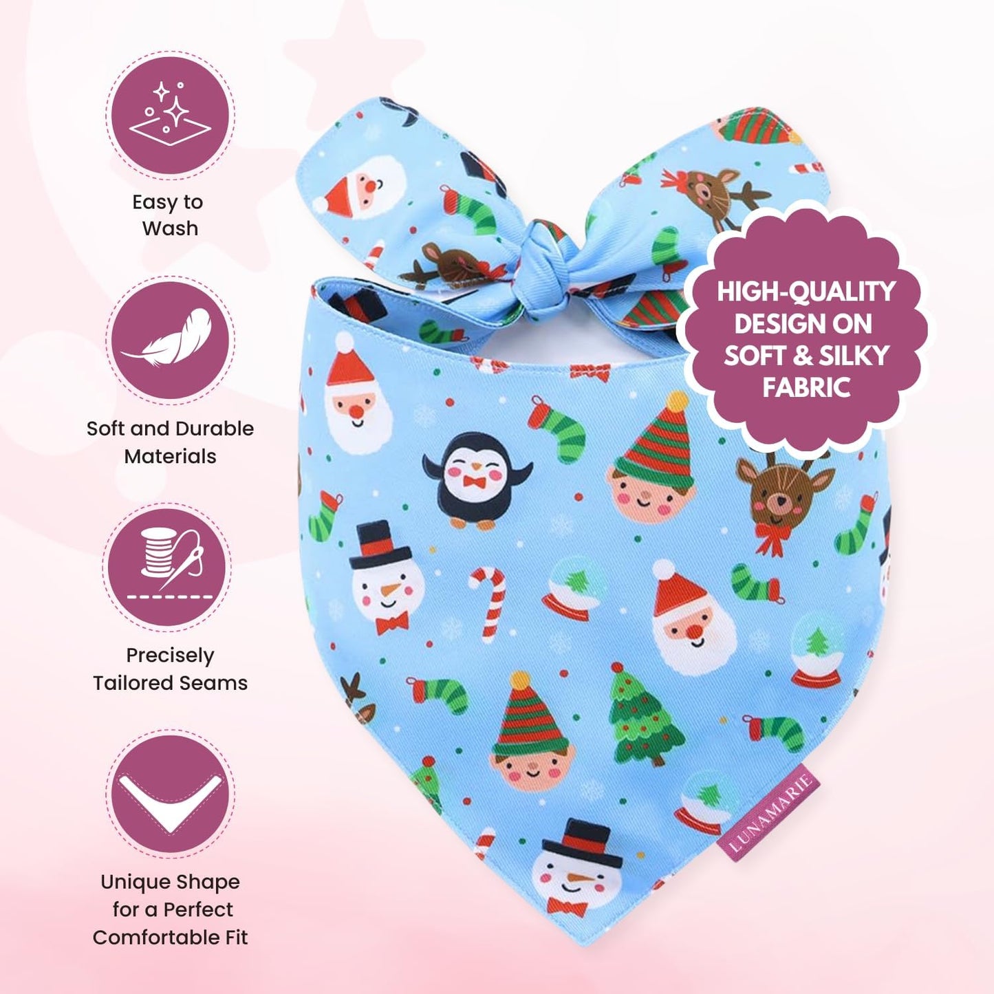 LunaMarie - Luxury Pet Birthday Bandanas -Premium & Silky Poly Fabric | 100% Handmade | Custom Shape Dual Layered (Santa's North Pole, Medium)