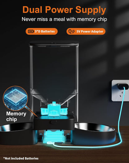 HoneyGuaridan 5L Automatic Cat Feeder for Two Cats, 5G WiFi Smart Feed Pet Feeder with Stainless Steel Bowl,APP Control Dispenser, Dual Power Supply,Desiccant Bag,10s Meal Call Black