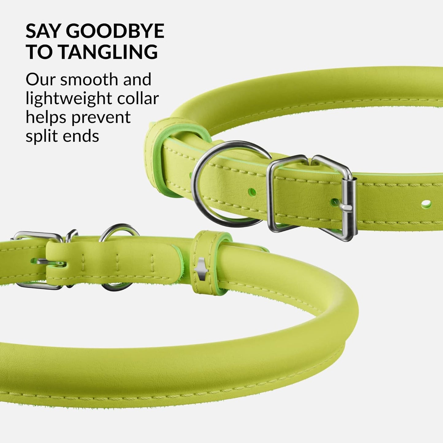 CollarDirect Rolled Leather Dog Collar, Soft Padded Round Puppy Collar, Handmade Genuine Leather Collar Dog Small Large Cat Collars 13 Colors (11-14 Inch, Lime Green Smooth)