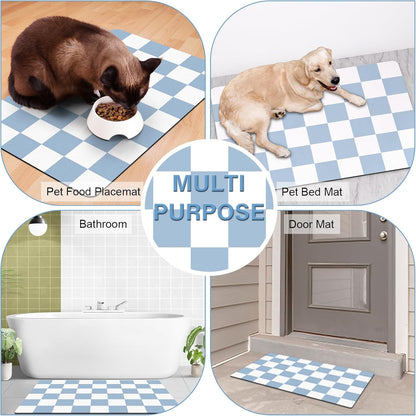 Pet Feeding Mat, 16"x 24" Absorbent Dog Food Mat, Checkered Cat Bowl Mats, Easy to Clean Pet Placemats, Quick Dry Dog Water Dispenser Mats for Messy Drinkers, Blue & White