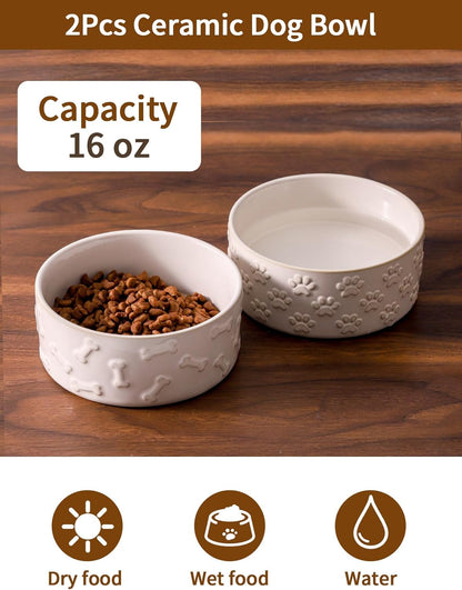 UBEE Ceramic Dog Bowl Set of 2, 5.1 inch Dog Food Bowl Dish with Bone or Paw Pattern, Pet Food Water Dish Feeding for Small Dogs and Large Cat, White