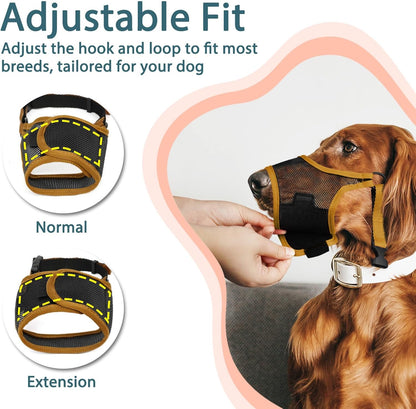 LUCKYPAW Dog Muzzle, Mesh Muzzle for Large Medium Small Dogs, Soft Mouth Guard for Biting Chewing, Breathable Mouth Guard with Adjustable Strap for Training(Brown, S(Snout:7.75"-8.75"))