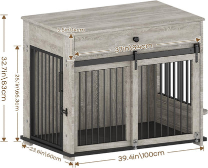 Large Dog Crate with Sliding Door, Furniture-Style Wooden Indoor Kennel, Integrated Side Table & Drawer, Secure Lock, 360° Rotating Bowl, Modern Pet House - Ideal for Home Decor (Grey)