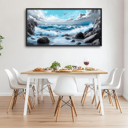Extra Large Framed Abstract Sea Ocean Wall Art,Black and White Wall Decor, Coastal Seashore Pictures for Living Room,Canvas Print Painting Modern Artwork Bedroom Office Bathroom 60L x 30W