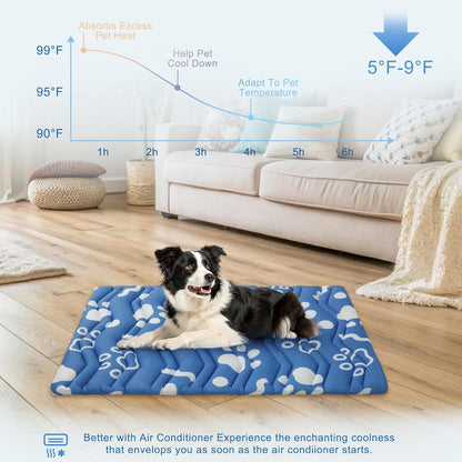 BEAUTYZOO Dog Cooling Mat- Upgraded Thicken Cooling Mat for Large Dogs Reversible(Cool & Warm) Pet Ice Cool Bed Washable & Portable, Summer Crate Pad for Big Dog Puppy Up to 44 lbs, Paw Blue 36X23IN