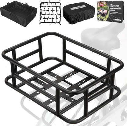 RAYMACE Rear Rack Bike Basket with Cargo Net and Liner Large Bicycle Basket Perfect Mount for Electric Bike