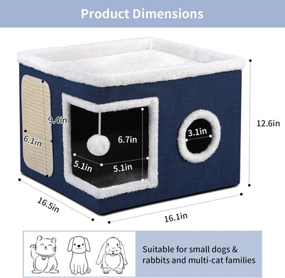 Cat House Bed for Indoor Cats, Large Cat Cave with Cozy Condo, Fluffy Hanging Ball, Scratch Pad, Hide-and-Seek, Foldable Indoor Cat House Hideaway with Double-Sided Soft Cushions for All Seasons, Blue