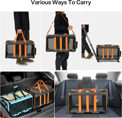 MILADA Large Cat Carrier for 2 Cats, Soft Big Pet Carrier with Wheels, Double Cat Carrier on Wheels, Rolling Pet Carrier for Travel Hiking Shopping and Camping（Not for Air Travel）, Orange