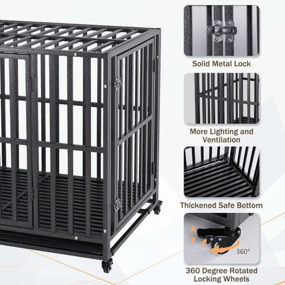 LUCKUP Heavy Duty Dog Crate-38 inch Large Metal Dog Cage with 2 Doors and 4 Wheels, Stackable Dog Kennel for Large & Medium Dogs, Removable Tray