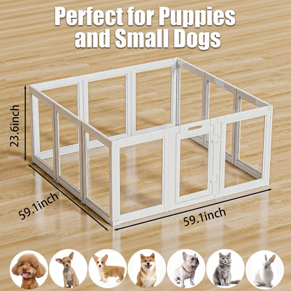 Clear Acrylic Dog Playpen Transparent Dog Playpens Indoor, Small Pet Play Pen for Small Dogs, Puppies, Cats & Rabbits, Assemble & Disassemble, with Door & Suction Cups (23.6" H, 12PCS),White