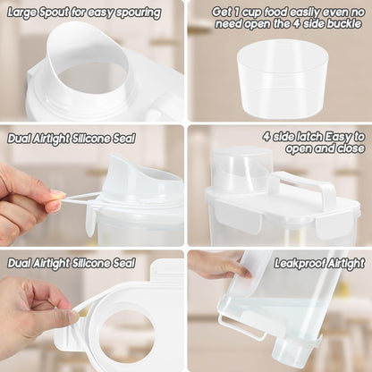 5-7Lbs Dog Cat Food Storage Container with Upgraded Large Nozzle BPA-free, 4 Snap Seals Plastic Pet Food Storage Containers with Handles (1, White, 5L)