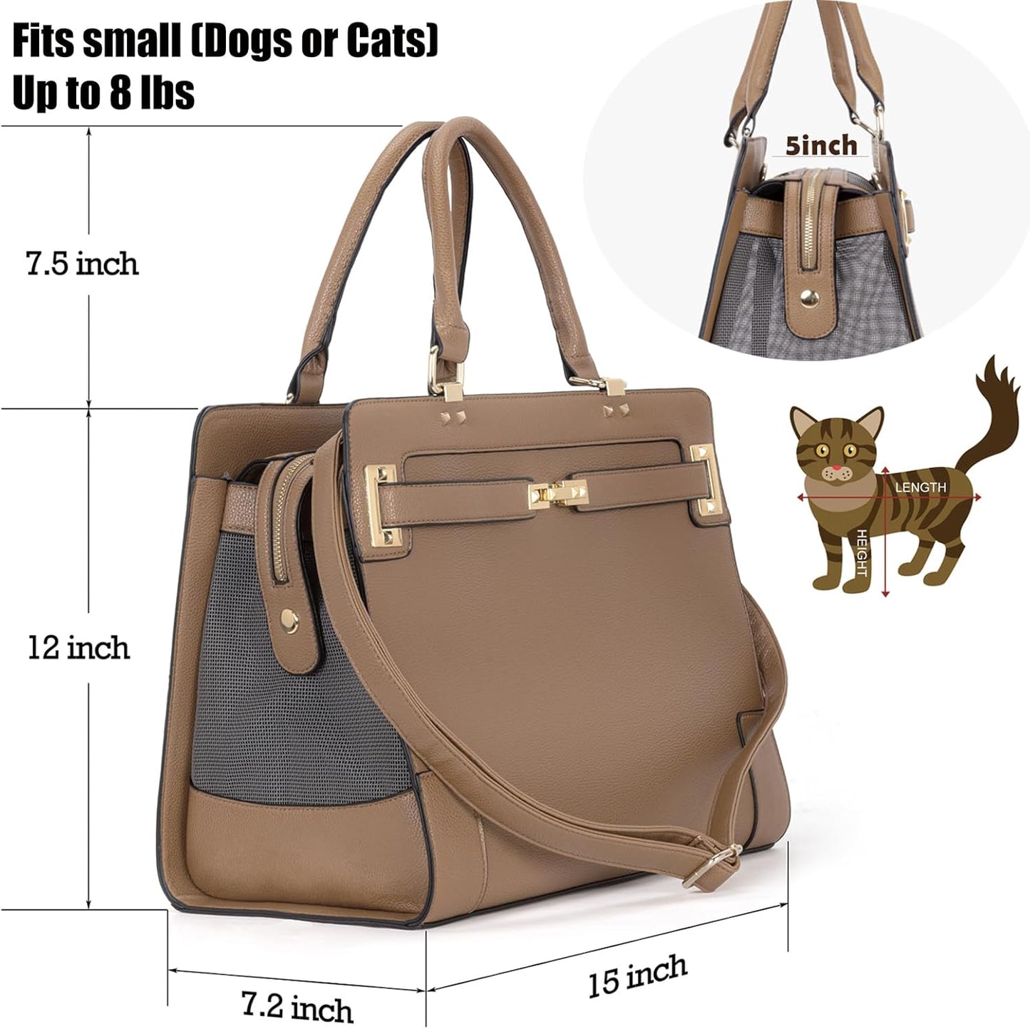 Fashion Pet Carrier Dog Cat Carrier Purse Soft-Sided Leather Handbag Pet Tote Bag for Small Dogs Puppy and Cats TSA Airline Approved (Khaki)