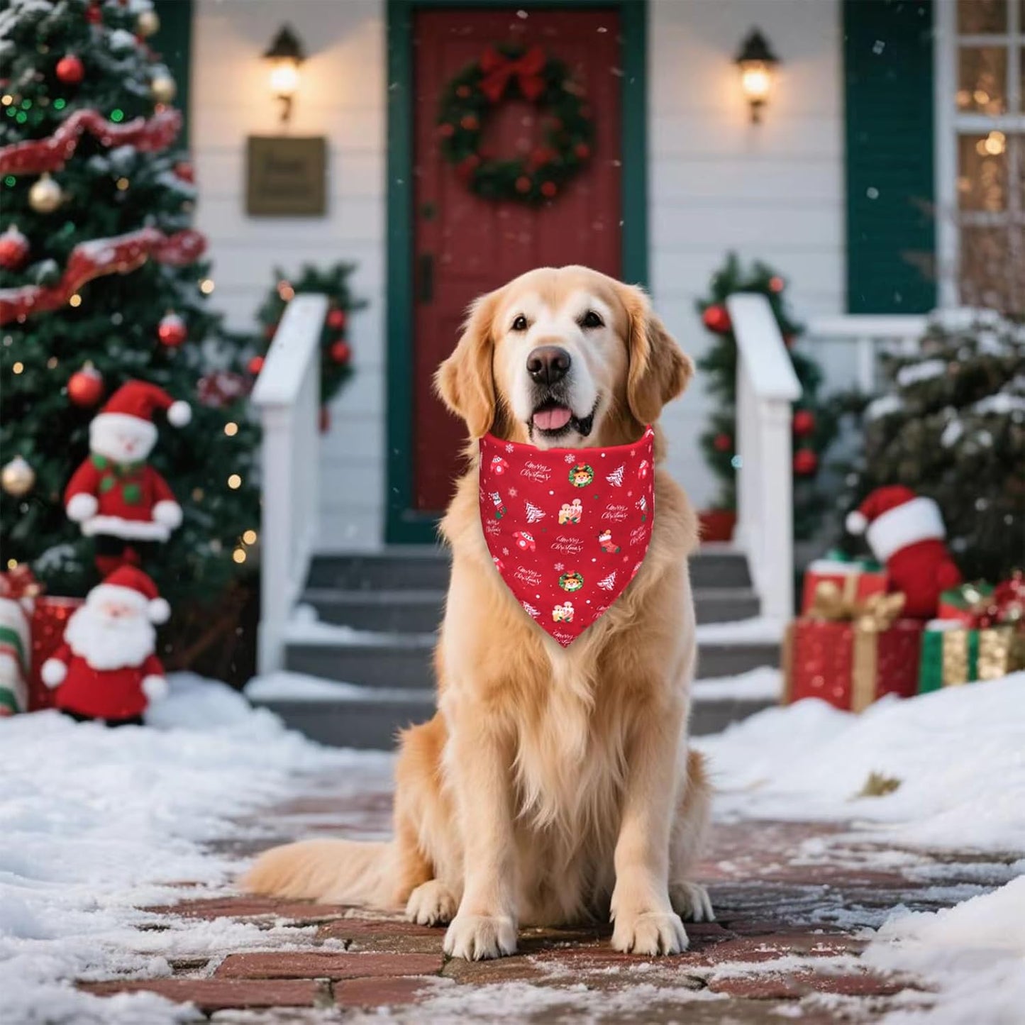 Christmas Dog Bandana for X-Large Dogs - Reversible Santa Snowman Print Scarf - Soft, Quick-Dry Pet Neckwear for Holiday Photos & Gifts