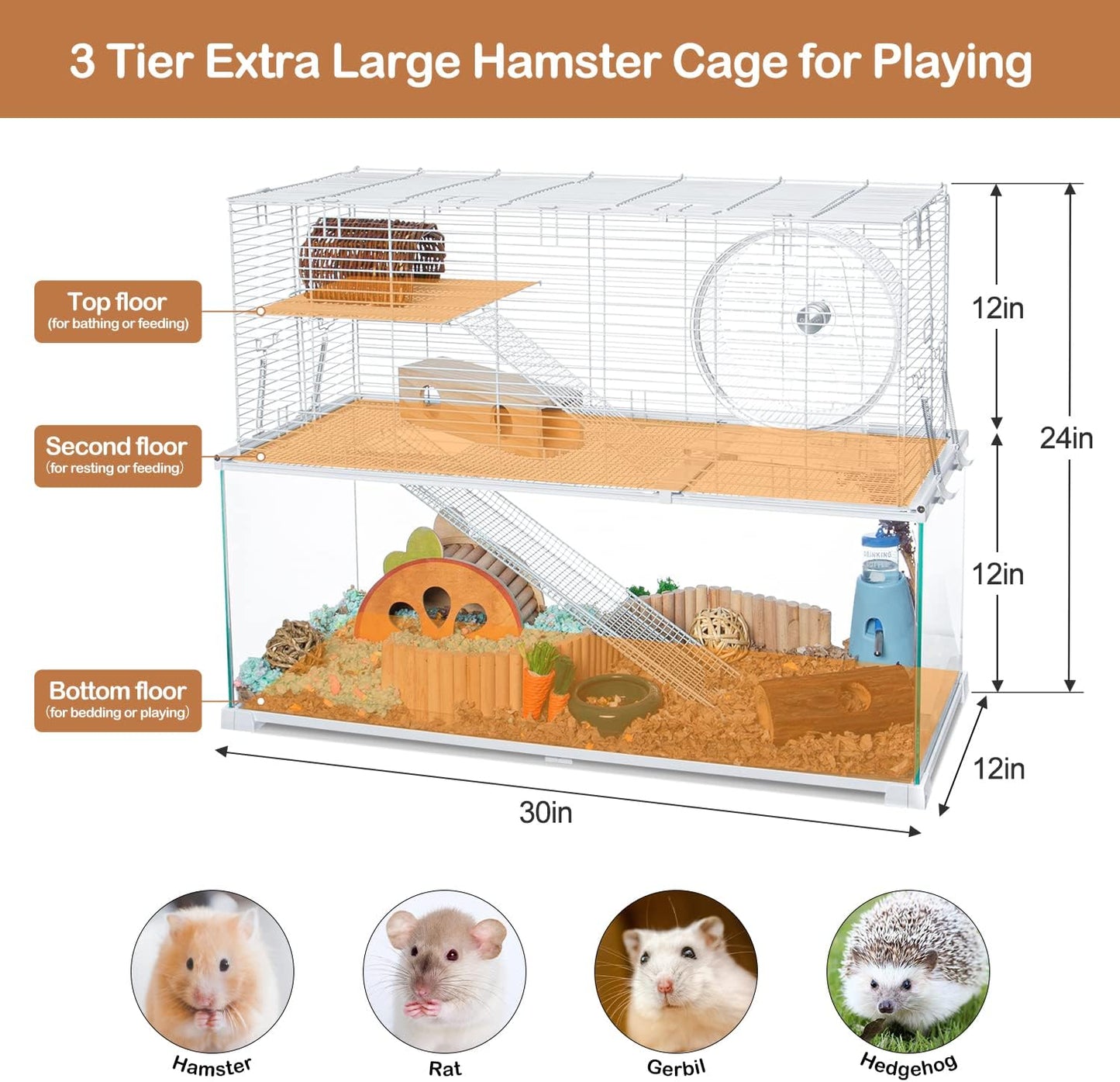 OIIBO 3 Tiers Large Hamster Cages, Glass Hamster Cage Habitat with Openable Wire Topper, Gerbil Cage with Two Ladders Ramps and Removeable Waterproof PVC Tray, Easy to Clean