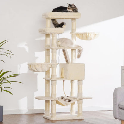 Heybly Cat Tree, 68 inch Multi-Level Cat Tower for Indoor Cats, 2 Widened Plush Perches Cat Condo with Scratching Board and Big Caves, Beige HCT025M