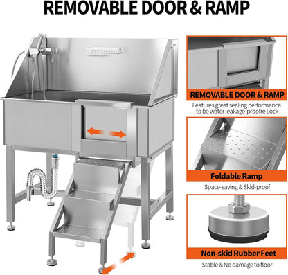 38 Inch Dog Bathing Station for Large Dogs, Stainless Steel Dog Pet Washing Station, Professional Dog Grooming Tub, Pet Wash Bath Station,Right Door