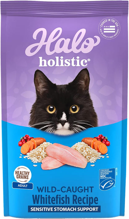 Halo Holistic Cat Food Wild Caught Salmon & Whitefish Formula, Healthy Grains Dry Cat Food, For Sensitive Stomach Support, Kibble for Adult Cats, 3 lb Bag