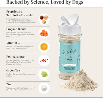 Dog Dental Powder – Vet Formulated - Cleans Teeth, Freshens Breath, Fights Plaque and Tartar – Natural Ingredients - 19 Active Ingredients - Oral Dog Probiotic - No Brushing - Made in USA