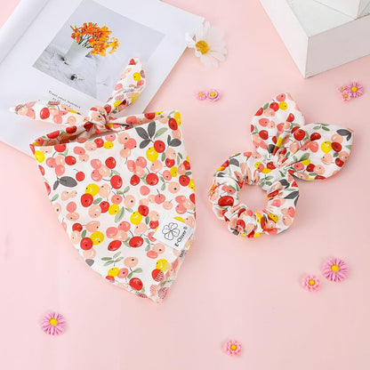 E-Clover Pink Floral Dog Bandanas & Matching Scrunchie Set Cute Dog Scarf Bibs Pet Bandana with Bow Tie for Medium Large Dogs Owner Mom Spring Summer