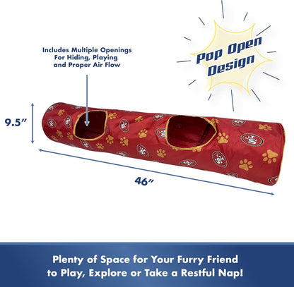 NFL San Francisco 49ers Cat Tunnel Tube Toy with Plush Football Catnip and Feathers Collapsible Tunnel for Cats to Play, Peek and Hide, Sporty & Fun Cat Tunnel Toy with Team Logo All-Over Design!