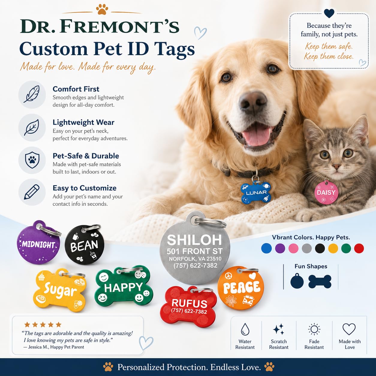 Dr. Fremont's Pet ID Tag Custom for Dog Cat. Chosen for real quality, fits naturally into modern