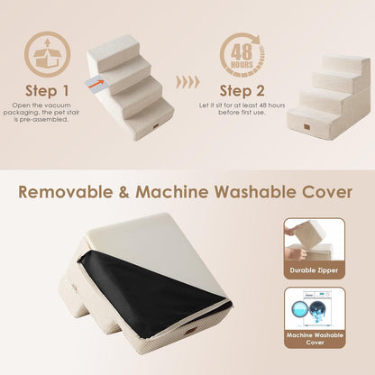 EHEYCIGA Dog Stairs for Bed 18" H, 4-Step Dog Steps for High Bed, Pet Steps for Small Dogs and Cats, Non-Slip Balanced Pet Ramp Indoor, Beige