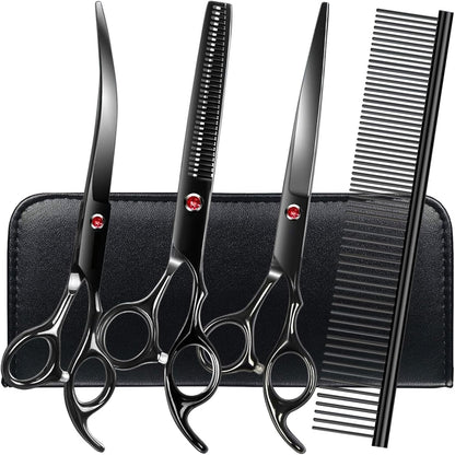 Professional Dog Grooming Scissors Set Stainless Steel Dog Grooming Kit - Thinning, Curved Scissors and Comb for Cat Pet (Black 5 in1)