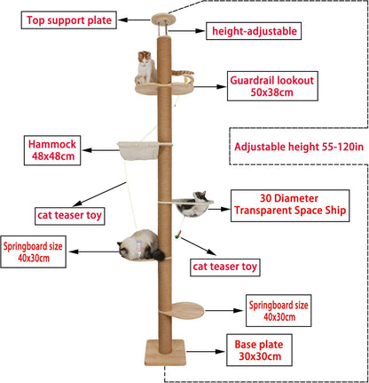 Floor to Ceiling Cat Tree Height (50-120 in) Adjustable Cat Tower 5 Tier Hemp Scratching Post High Cat Tree Sturdy Activity Tree Indoor Outdoor Cat Scratching Post Activity Center