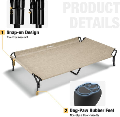 Veehoo Cooling Elevated Dog Bed, Guardrail Raised Pet Cot, Indoor & Outdoor XXL Pet Bed with Washable & Breathable Teslin Mesh, Non-Slip Feet, Dog Couch Bed, 62.5" x 37", Beige Coffee