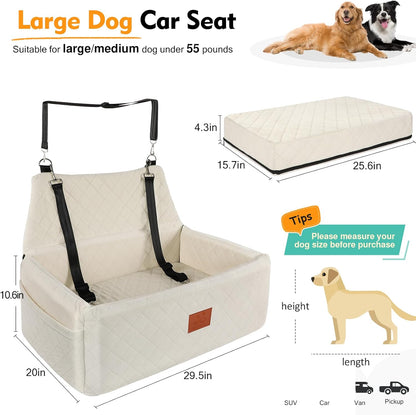 Dog Car Seat for Large Medium Dogs,Washable Pet Carseat Under 55 lbs or 2 Small Dogs,Dog Booster Seat Travel Bed with Thick Cushion,2 Safety Leashes