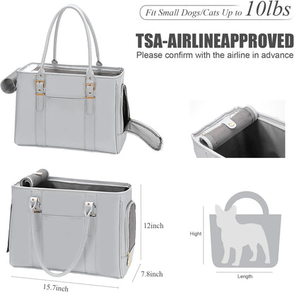Fashion Pet Carrier Dog Purse Cat Bag Soft-Sided Carriers Travel Airline Approved, Stylish Leather Tote Handbag for Small Animal Puppy Kitten (Grey)
