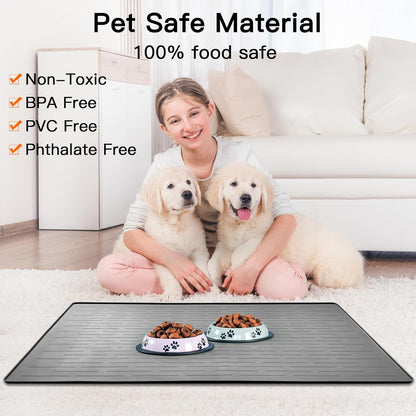 39.4"x29.5" Largest Pet Food Mat, Silicone Dog Mats for Food and Water, Nonslip Pet Feeding Mats for Floors,Dog Cat Bowl Mat with Raised Edges, Gray Green