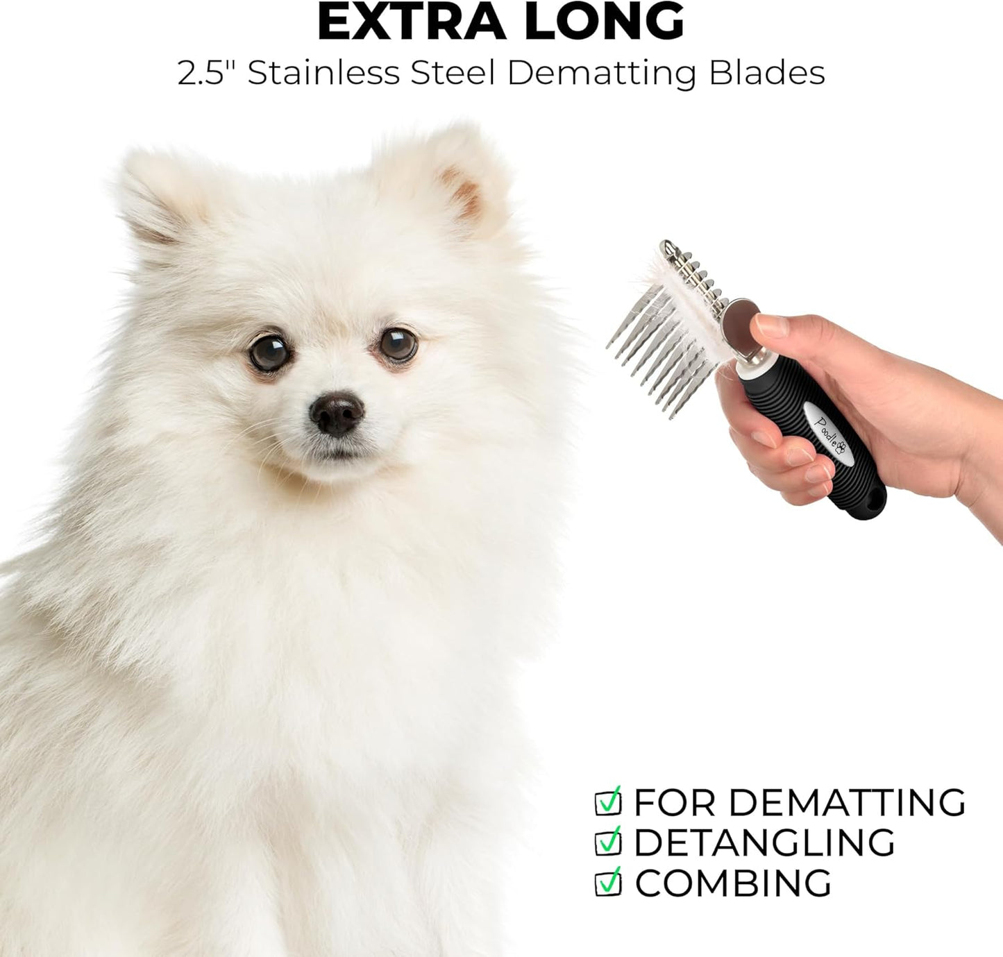 Poodle Dematting Fur Rake Comb Brush for Dogs and Cats - Long 2.5" Steel Safety Blades Metal Comb for Detangling Matted or Knotted Undercoat Hair