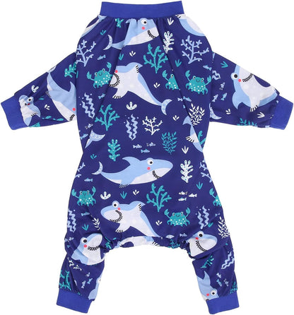 HDE Dog Pajamas One Piece Jammies Jumpsuit Pet Clothes Outfit Stretchy Lightweight Comfy Shirt Pjs for M-3XL Dogs Sharks - XL
